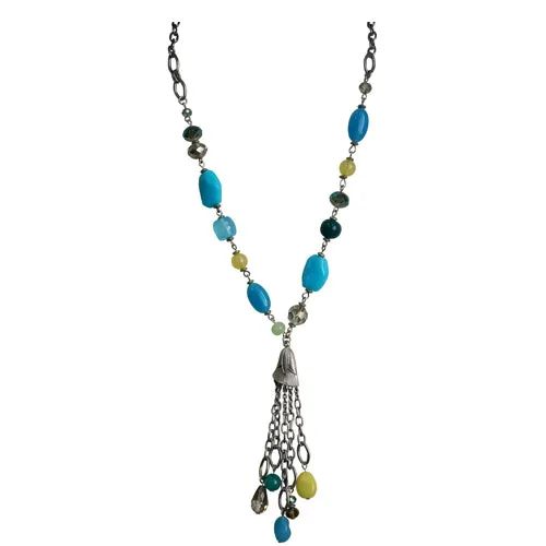 RHODIUM-BLUE MIX BEADS TASSEL NECKLACE #SC32364_ROD-BLU_MIX (BH6/BG6)