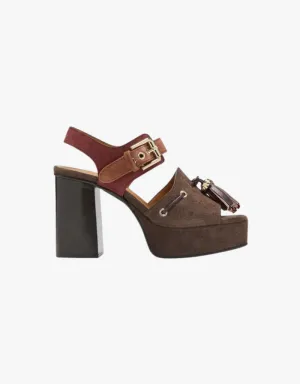 See by Chloe Tassel Patchwork Platform Heels in Dark Brown