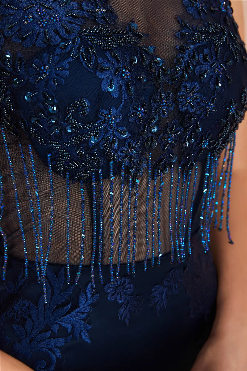 See-Through Tassel Mermaid Evening Dress with Beading