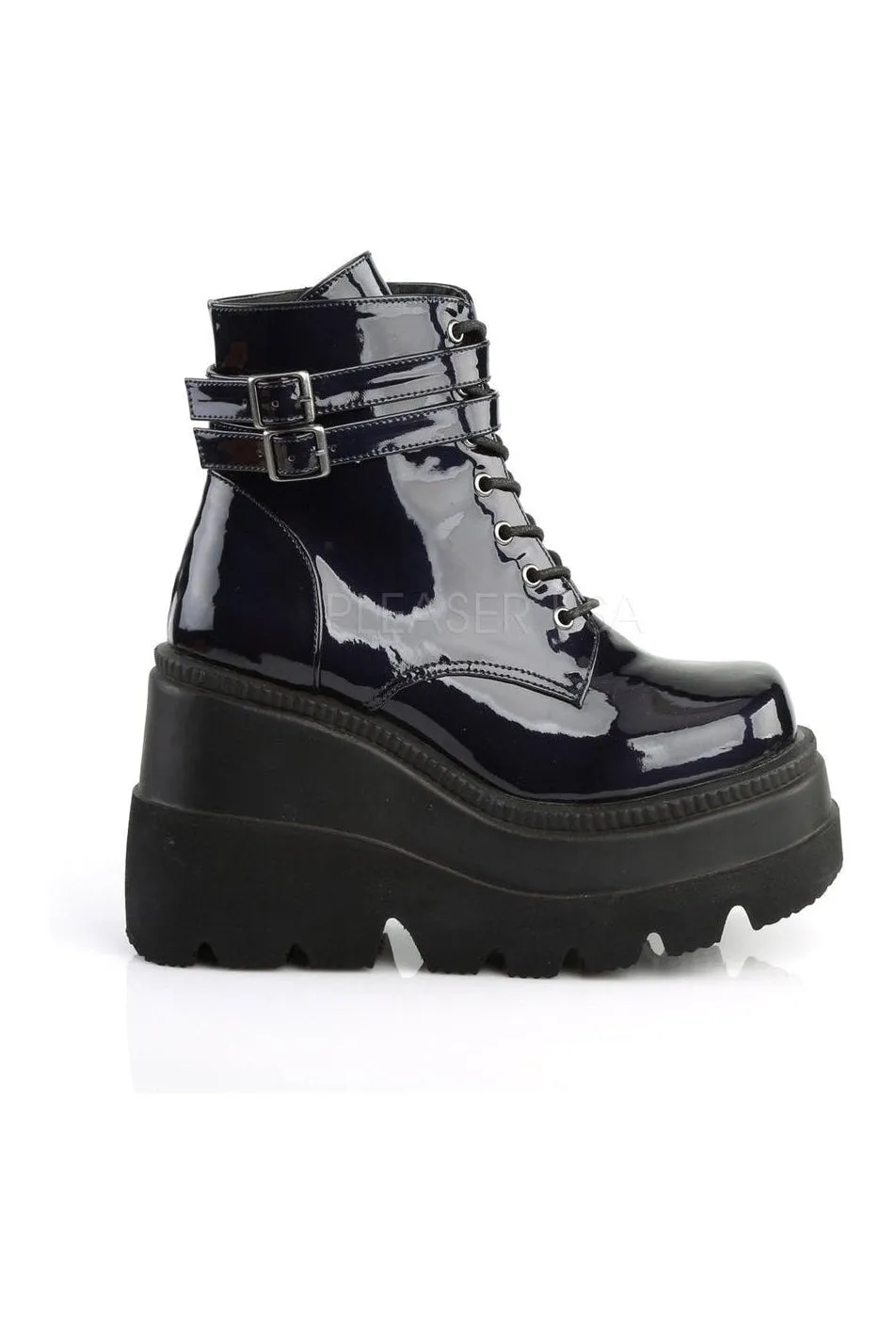 SHAKER-52 Demonia Wedge | Black Faux Leather