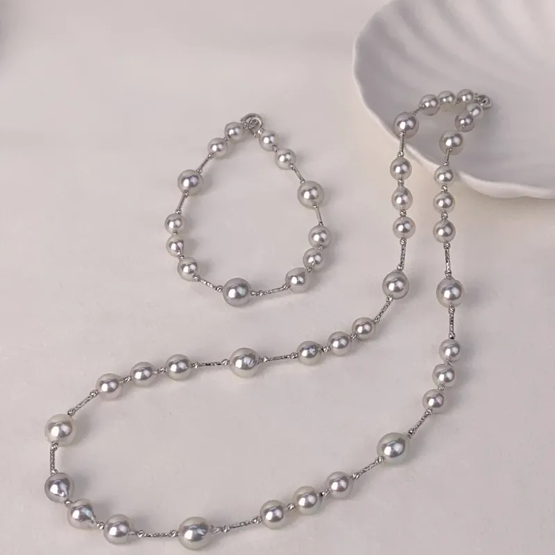 Silver Blue Baroque Akoya 18K Gold Casual Style Strand Necklace
