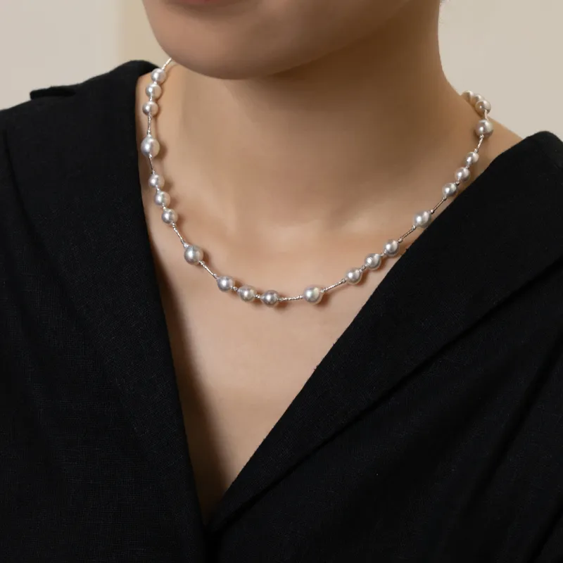 Silver Blue Baroque Akoya 18K Gold Casual Style Strand Necklace