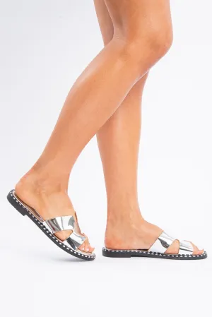 Silver Faux Leather Studded Sliders - Derri
