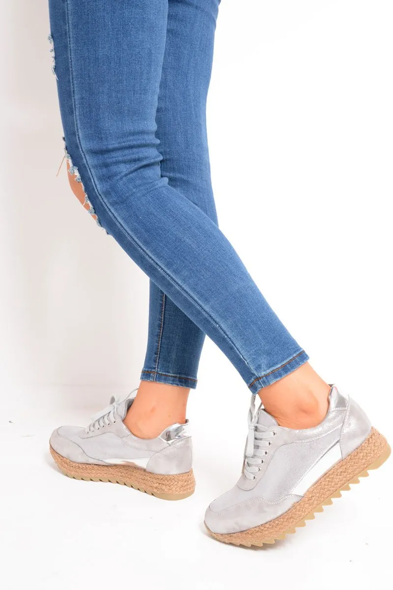 Silver Metallic Lace Up Chunky Espadrille Trainers - Emmarie