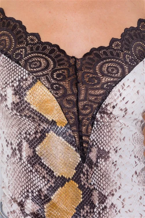 Snake Print Lace V-Neck Bodysuit | Brown