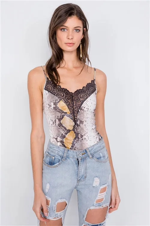 Snake Print Lace V-Neck Bodysuit | Brown