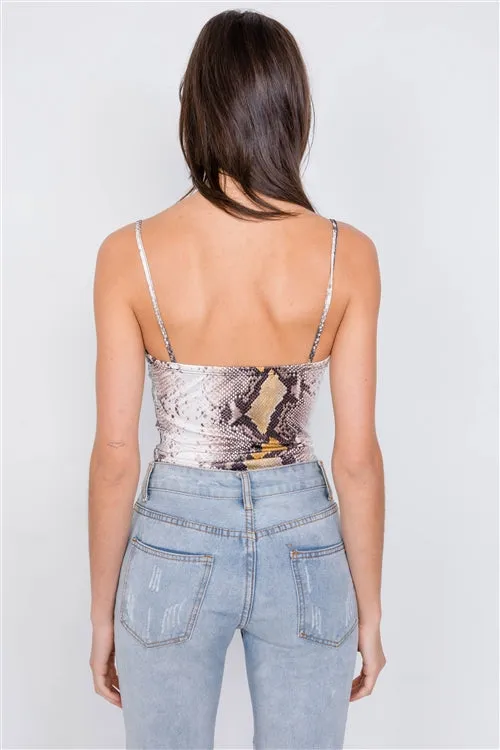 Snake Print Lace V-Neck Bodysuit | Brown