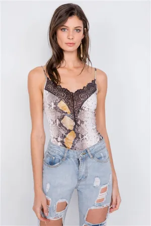 Snake Print Lace V-Neck Bodysuit | Brown