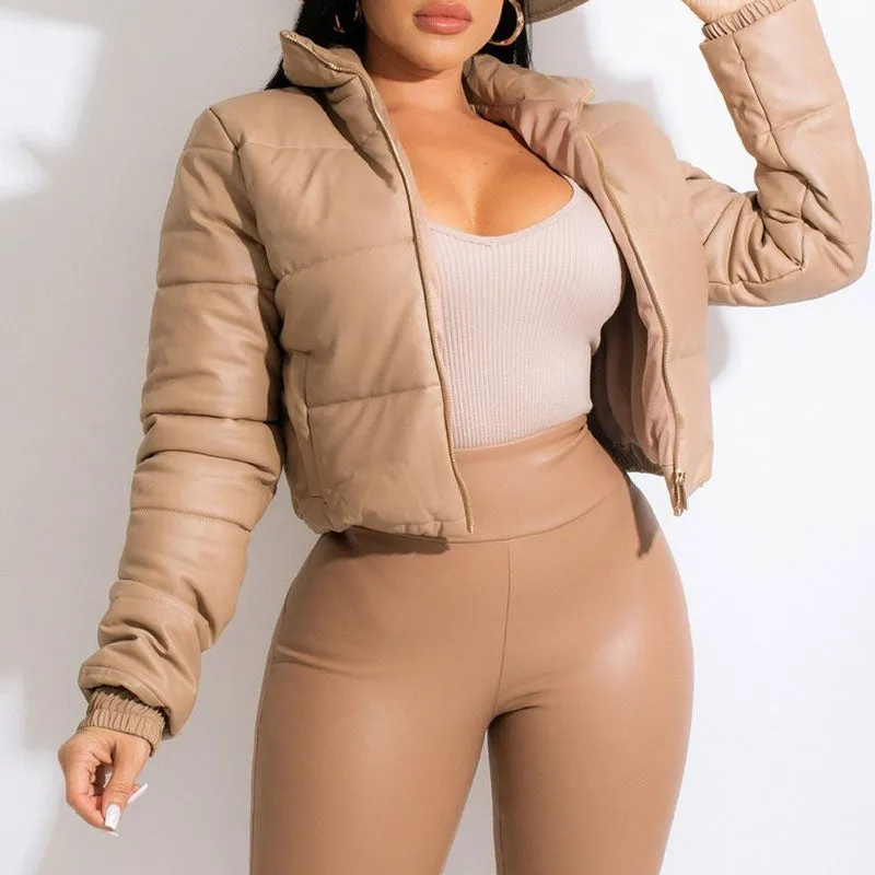 Solid Long Sleeve PU Leather Cotton Coat