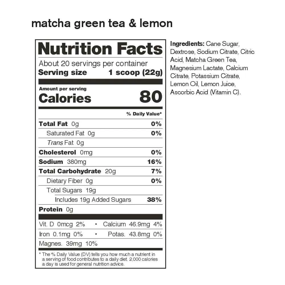 Sport Hydration Drink Mix, Matcha Green Tea & Lemons, 20-Serving Resealable Pouch
