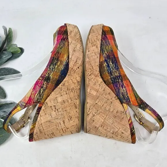 STUART WEITZMAN Jean Winsel Tinsel Metallic Plaid Cork Wedge 9N