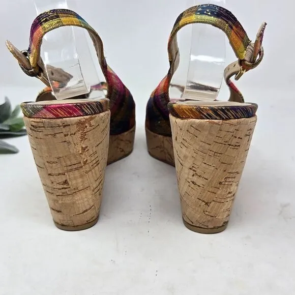 STUART WEITZMAN Jean Winsel Tinsel Metallic Plaid Cork Wedge 9N