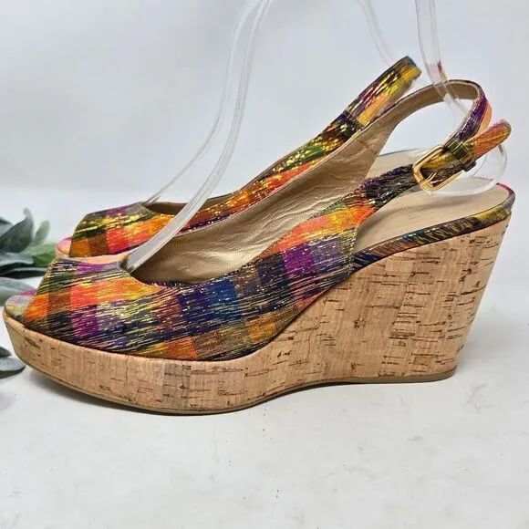 STUART WEITZMAN Jean Winsel Tinsel Metallic Plaid Cork Wedge 9N