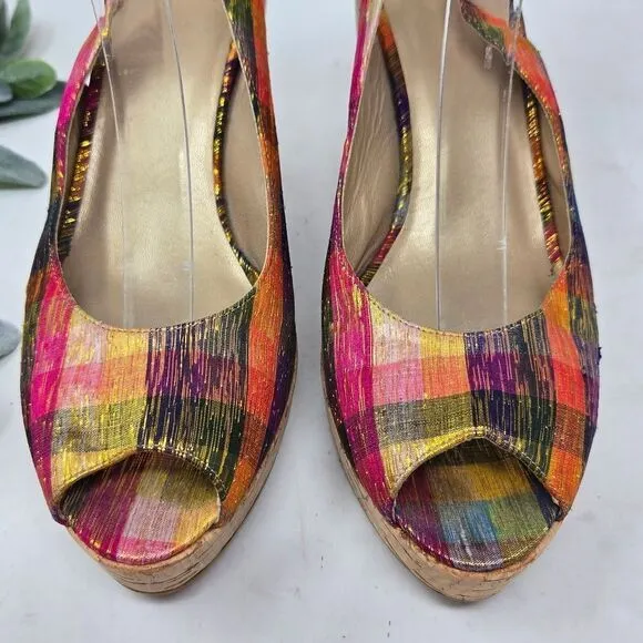 STUART WEITZMAN Jean Winsel Tinsel Metallic Plaid Cork Wedge 9N