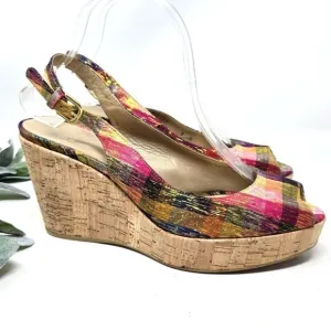 STUART WEITZMAN Jean Winsel Tinsel Metallic Plaid Cork Wedge 9N