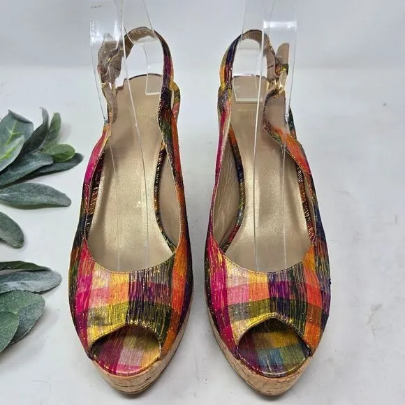 STUART WEITZMAN Jean Winsel Tinsel Metallic Plaid Cork Wedge 9N