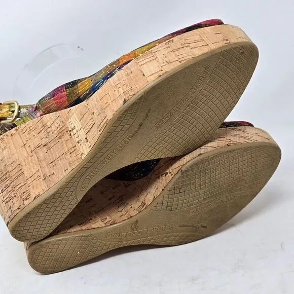 STUART WEITZMAN Jean Winsel Tinsel Metallic Plaid Cork Wedge 9N