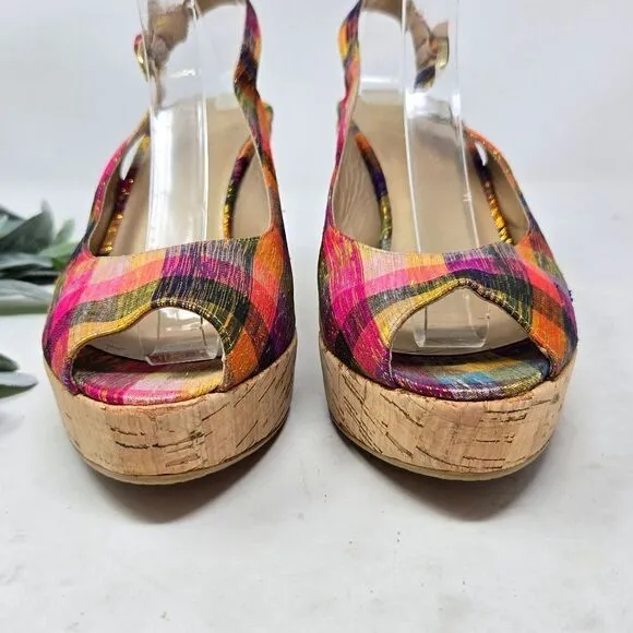STUART WEITZMAN Jean Winsel Tinsel Metallic Plaid Cork Wedge 9N
