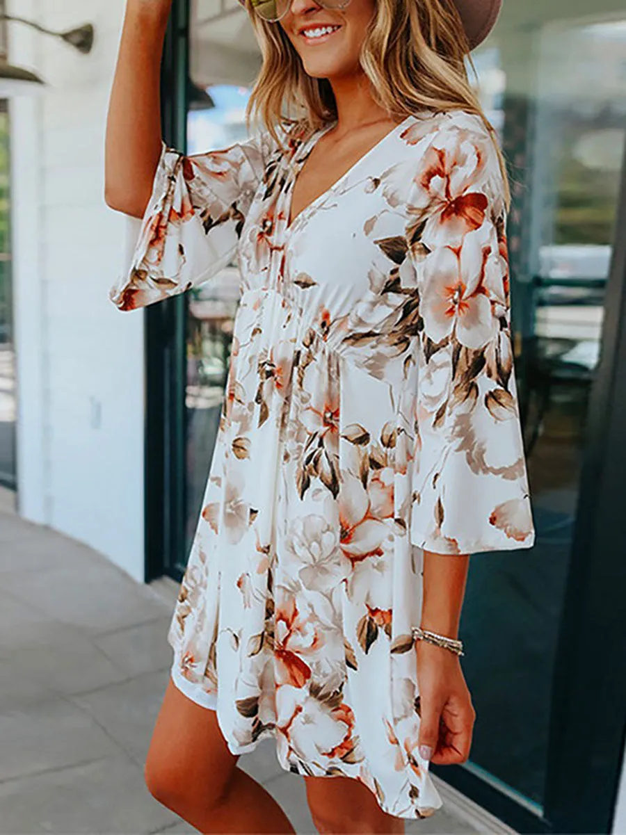 Stunncal  V Neck Bell Sleeves Printed Swing Dresses