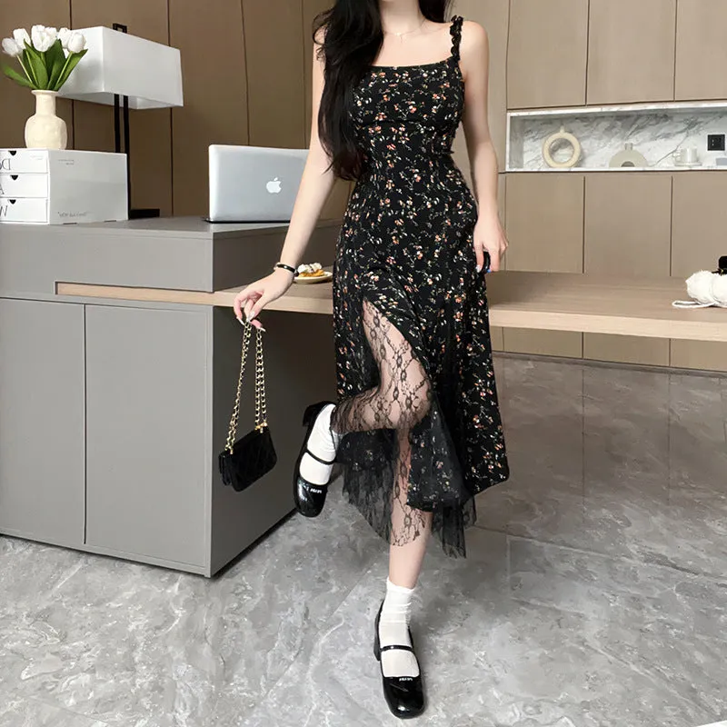 Summer Floral Black Mesh Dress