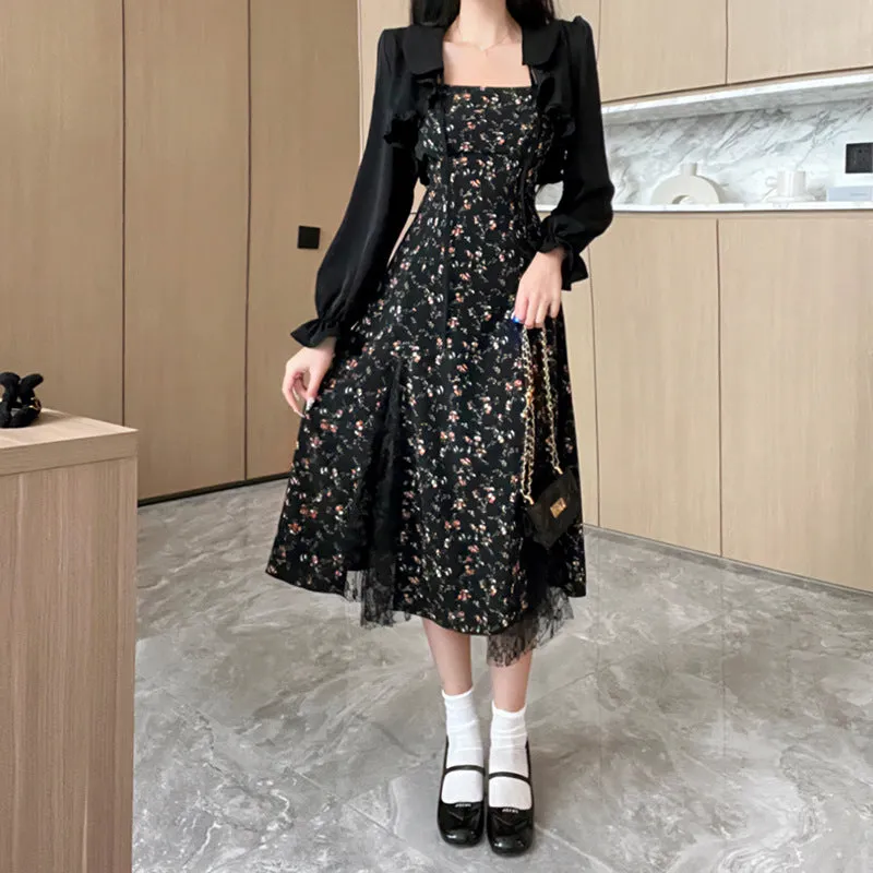 Summer Floral Black Mesh Dress