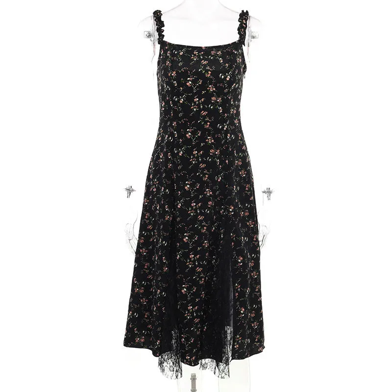 Summer Floral Black Mesh Dress
