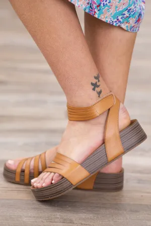 Tan and Brown Ankle Strap Wedge Sandals