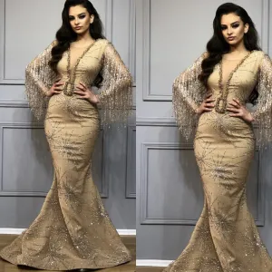tassel evening dress 2020 mermaid beaded sparkle gold evening gown long women formal dress