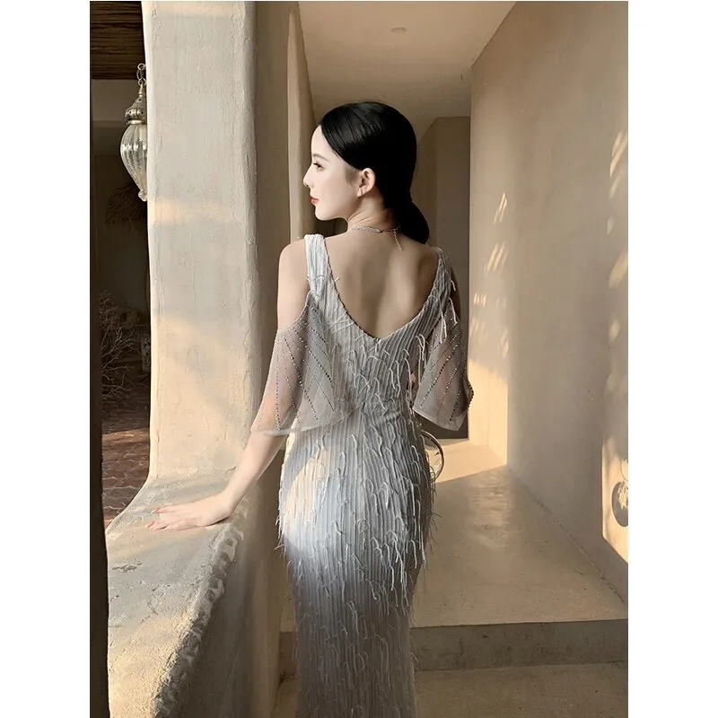 Tassel V-Neck Mermaid Formal Evening Dresses