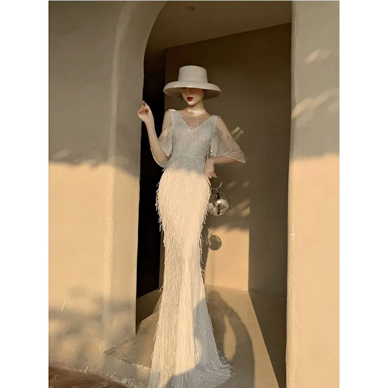 Tassel V-Neck Mermaid Formal Evening Dresses