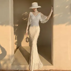 Tassel V-Neck Mermaid Formal Evening Dresses