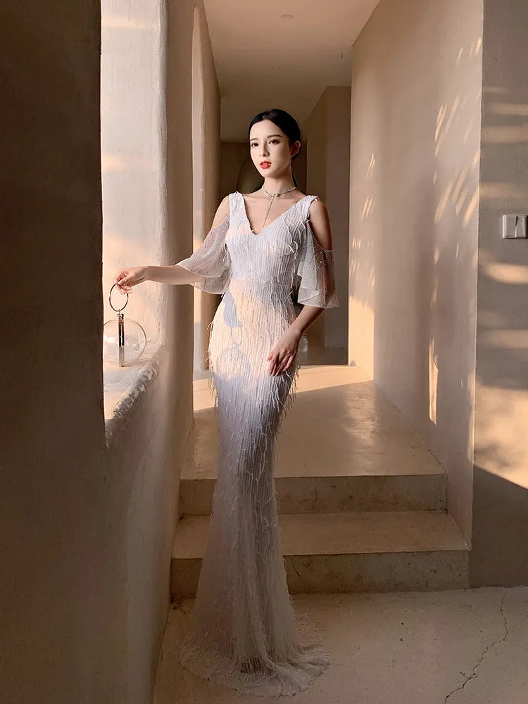 Tassel V-Neck Mermaid Formal Evening Dresses