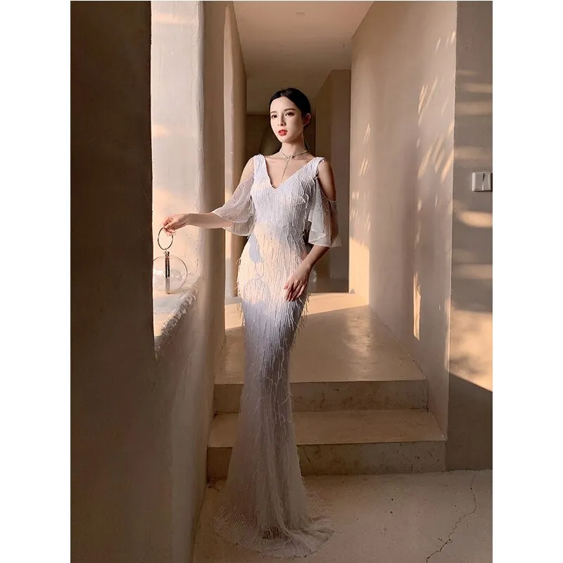 Tassel V-Neck Mermaid Formal Evening Dresses