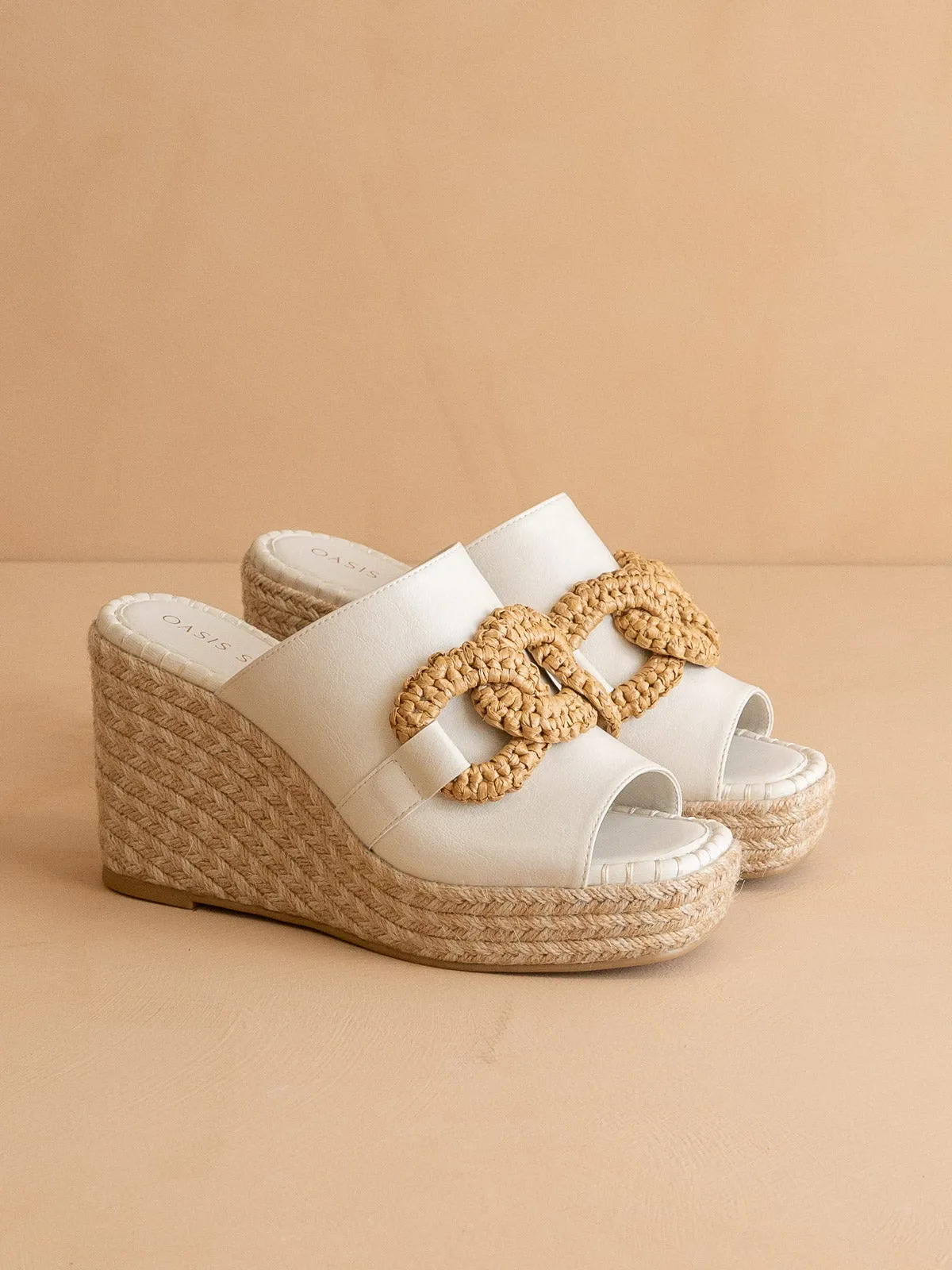 The Aime | White Wedge Slide with Raffia Detail