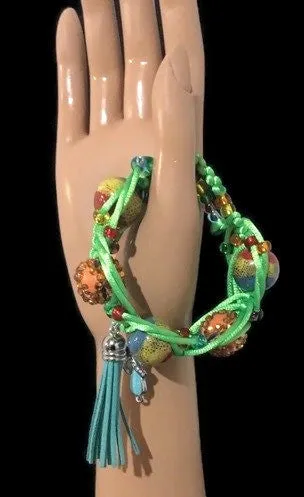 THE SUMMER GREEN PARROT BRACELET, Boho-chic, handmade,  macrame,  orange ceramic beads  bracelet,  green nylon cord,