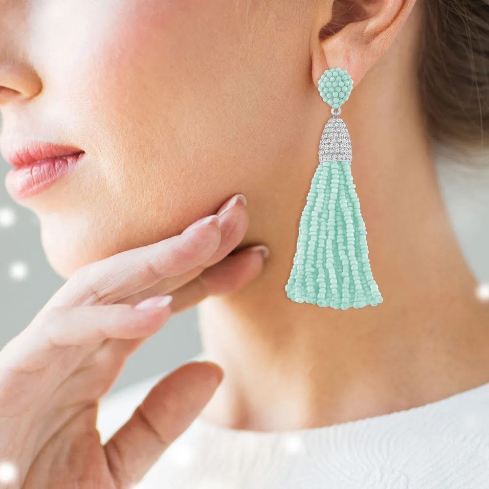 “Time to Tassel” Pave Crystals & Seed Beads Drop Earrings