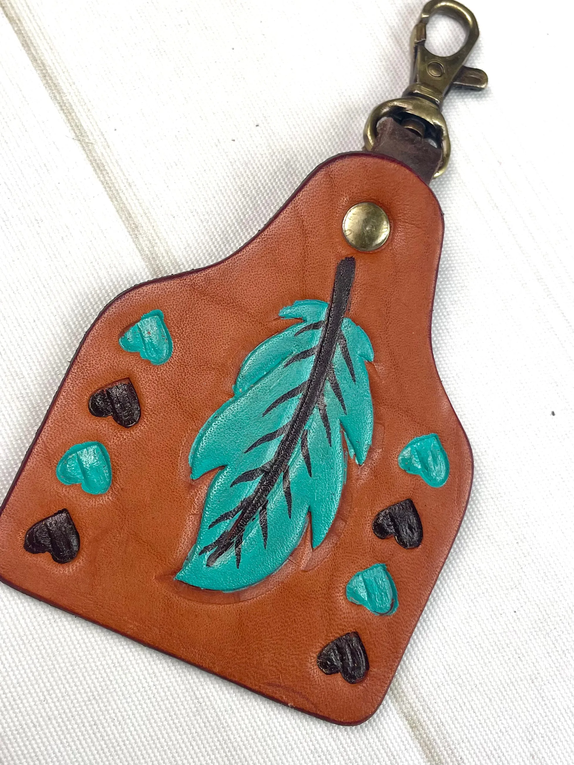 Turquoise Feather & Hearts Leather Key Tag