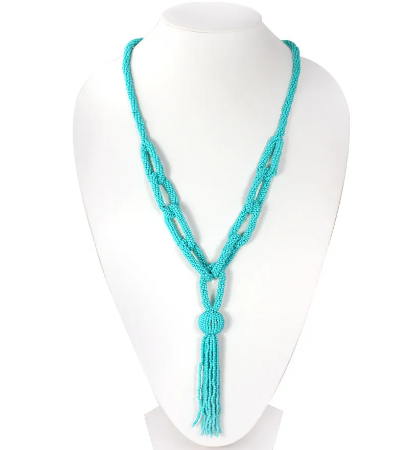 Turquoise Seed Bead Long Tassel Necklace#N2271 TURQ
