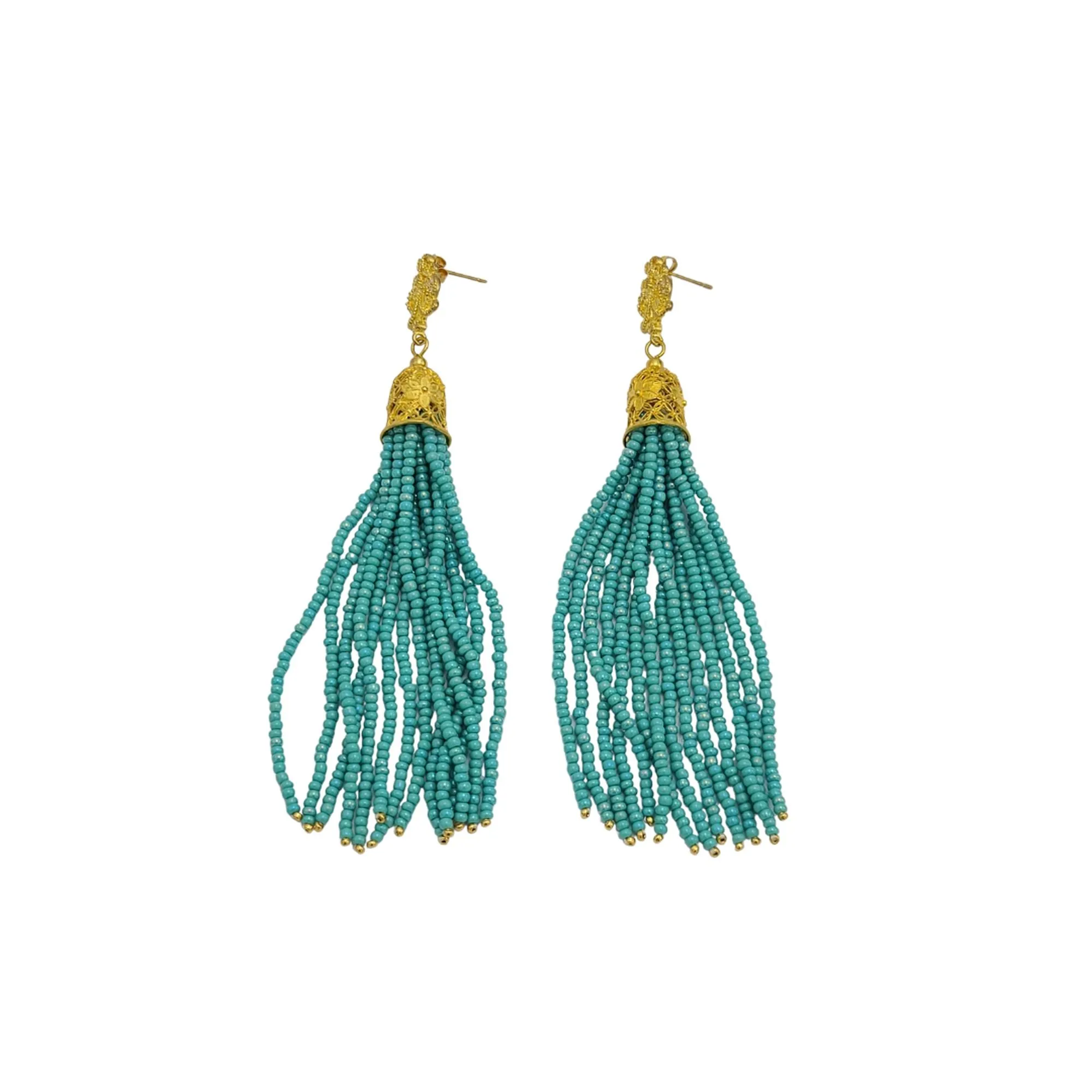 Turquoise Seedbeds Tassel with Gold Cubic Zirconia Ear Stud Dangle Earrings.