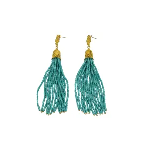 Turquoise Seedbeds Tassel with Gold Cubic Zirconia Ear Stud Dangle Earrings.
