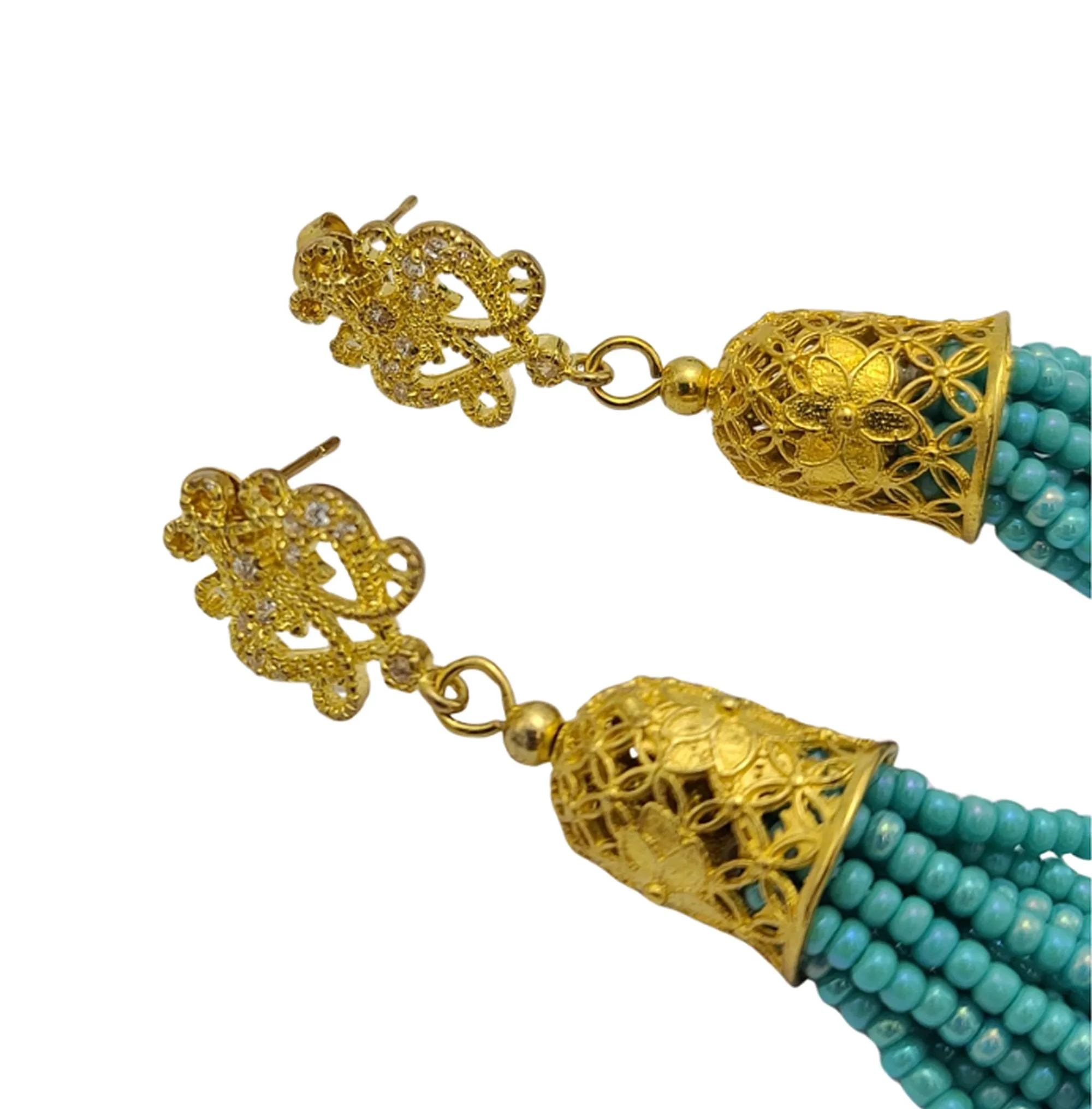 Turquoise Seedbeds Tassel with Gold Cubic Zirconia Ear Stud Dangle Earrings.