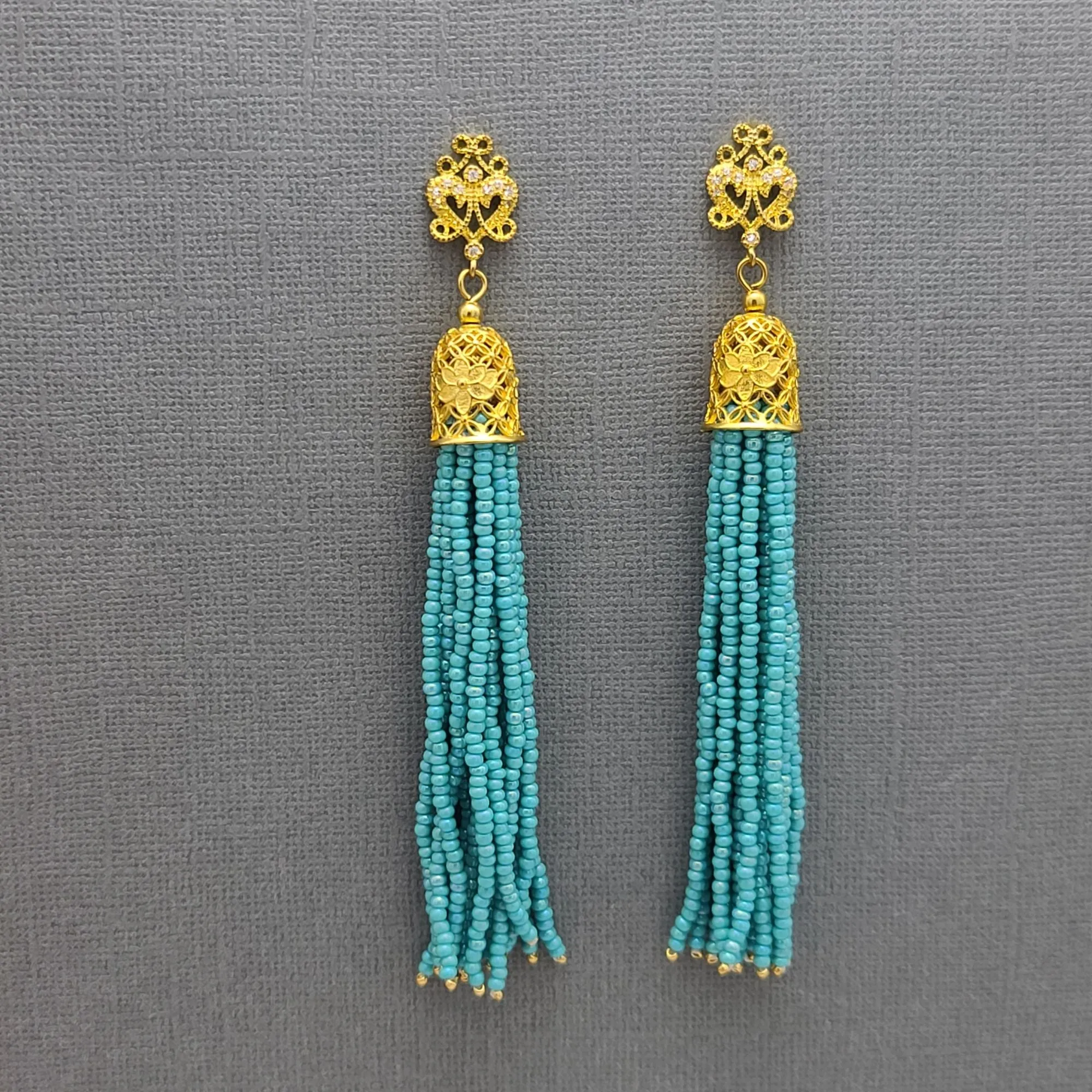 Turquoise Seedbeds Tassel with Gold Cubic Zirconia Ear Stud Dangle Earrings.