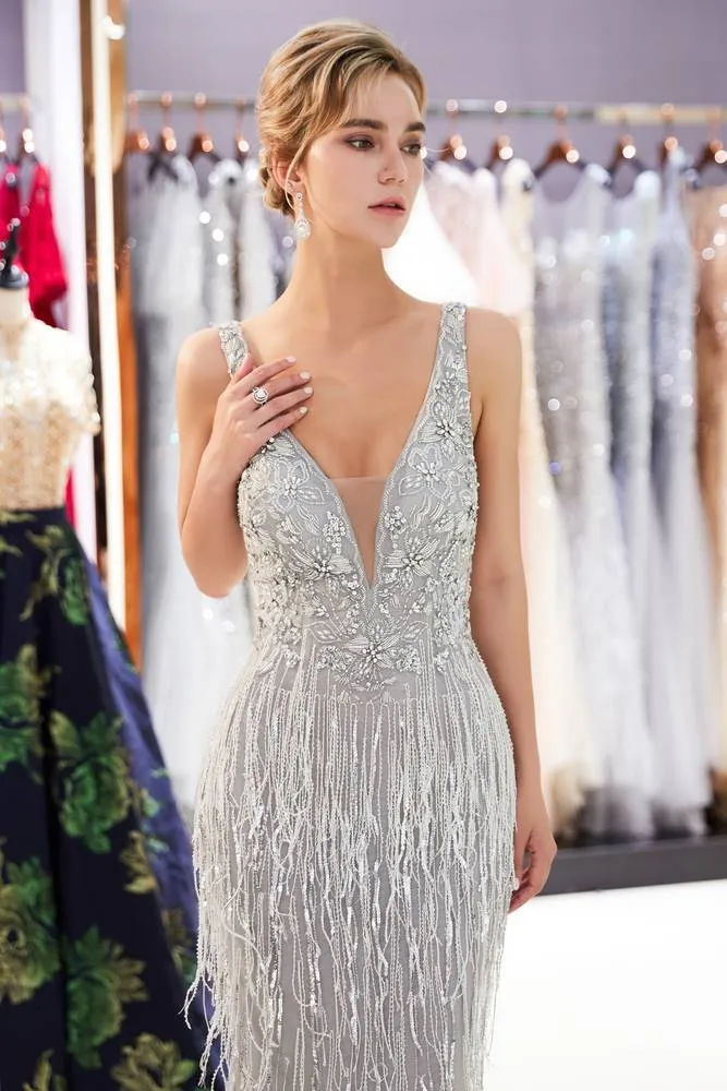 V-Neck Floral Beading Sheath Silver Evening Dress with Tassels