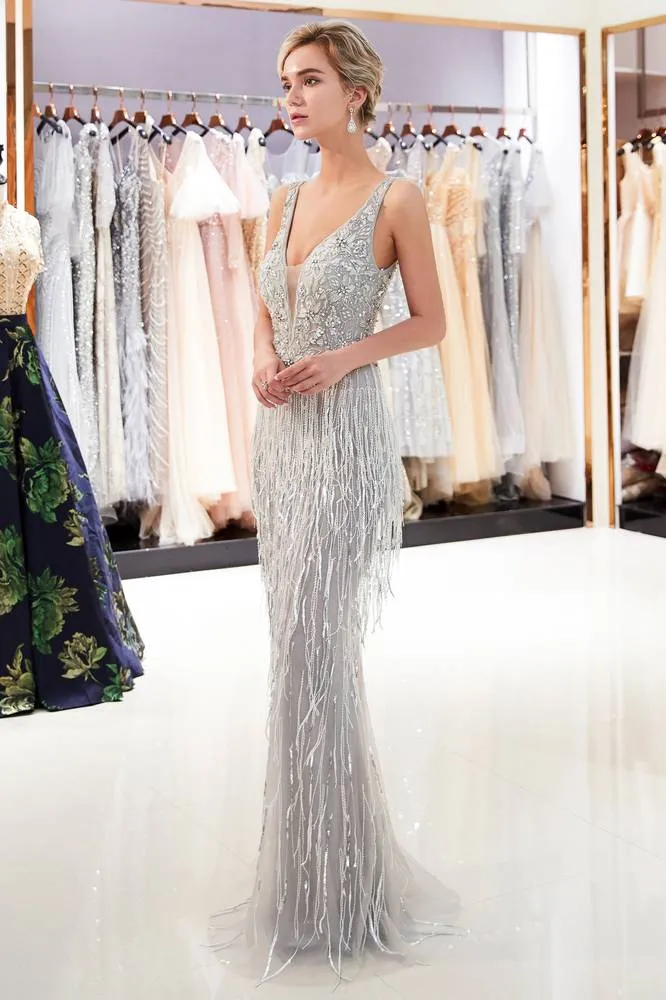 V-Neck Floral Beading Sheath Silver Evening Dress with Tassels
