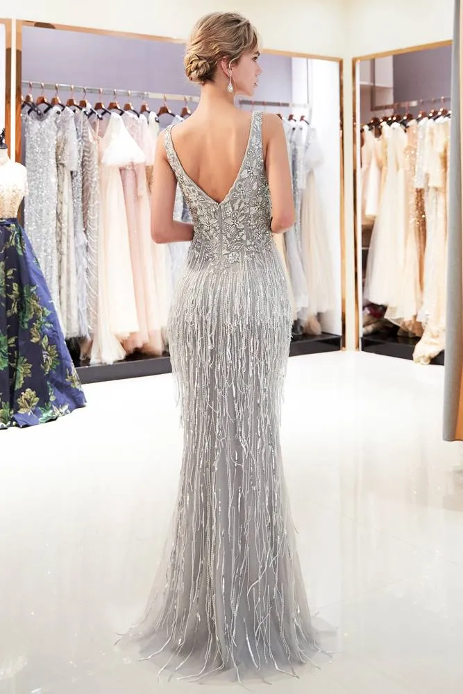V-Neck Floral Beading Sheath Silver Evening Dress with Tassels