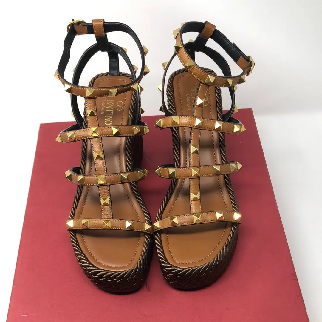 Valentino Brown and Gold Leather Rockstud Wedge with Brown Rope Bottom