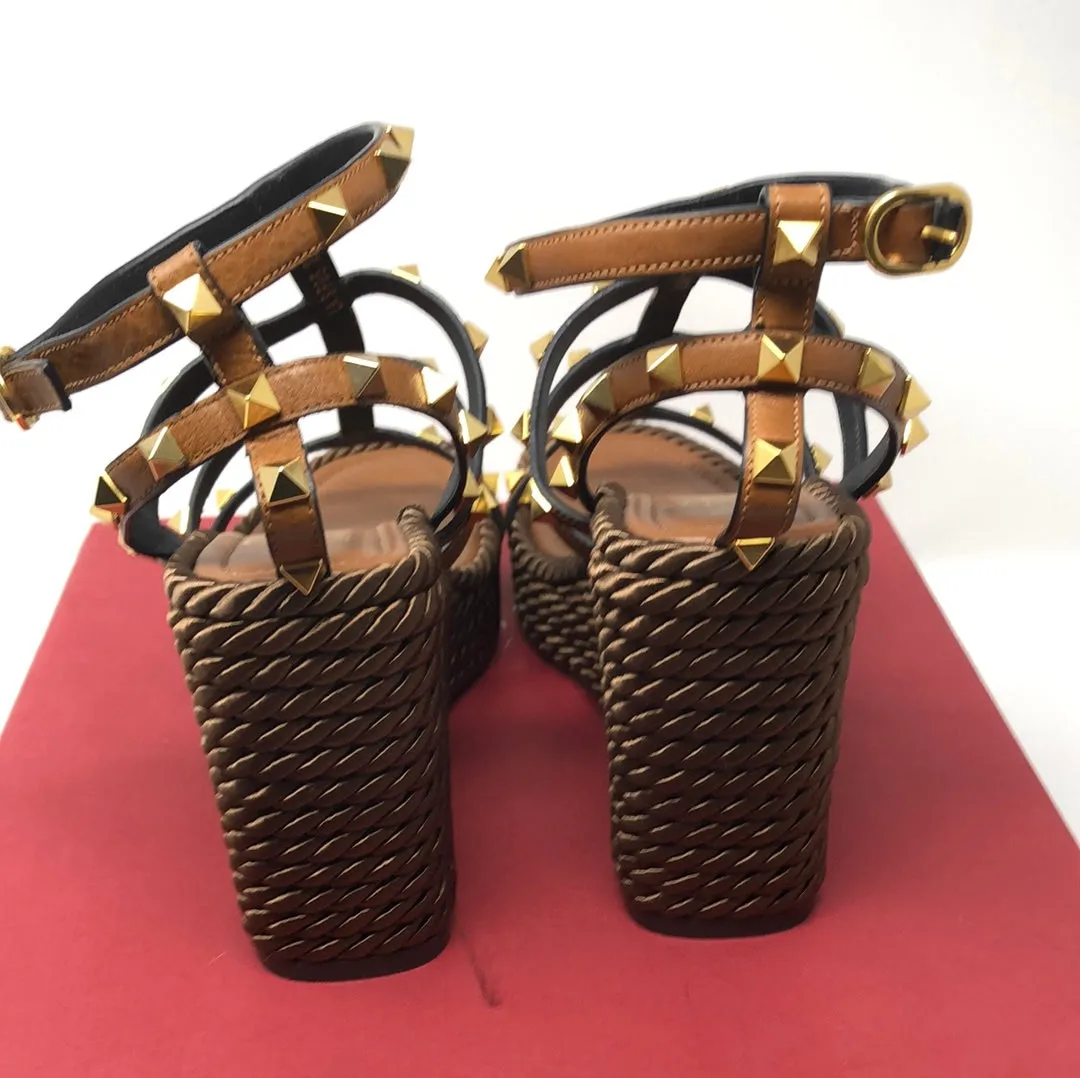 Valentino Brown and Gold Leather Rockstud Wedge with Brown Rope Bottom