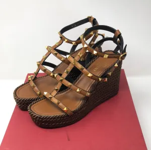 Valentino Brown and Gold Leather Rockstud Wedge with Brown Rope Bottom