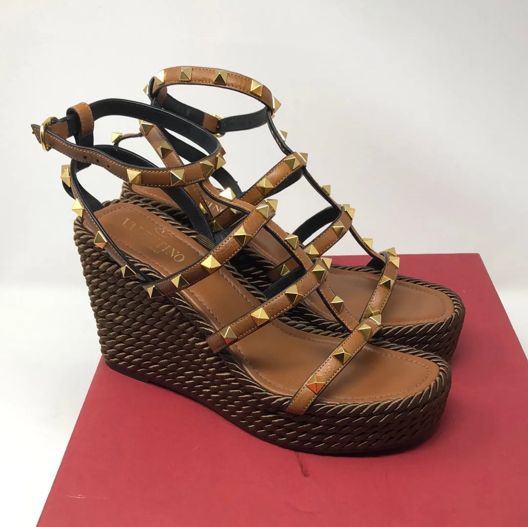 Valentino Brown and Gold Leather Rockstud Wedge with Brown Rope Bottom