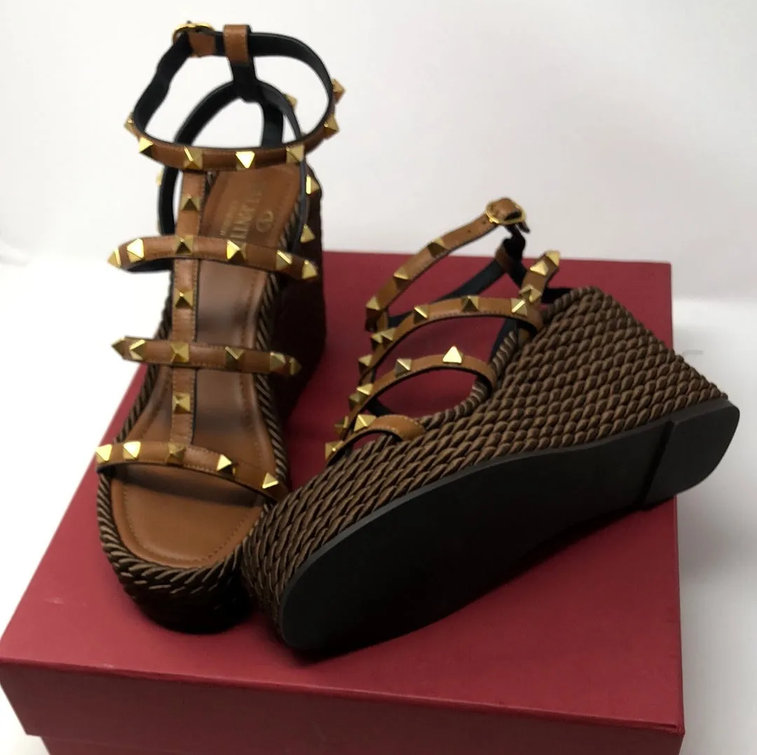 Valentino Brown and Gold Leather Rockstud Wedge with Brown Rope Bottom